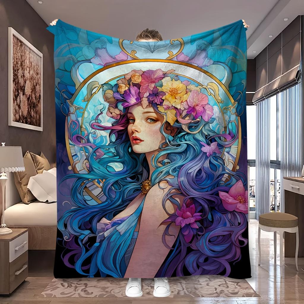 1pc Floral Wreath Blue Hair Lady Fantasy Portrait Print Flannel Blanket, Portable And Comfortable, Suitable for Blankets, Bed Covers, Bedroom, Game Ro