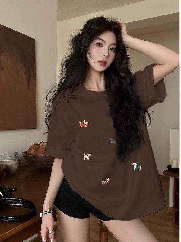 Damen Plus Size Retro Braunes Baumwoll-Kurzarm-T-Shirt - Altersreduzierend Stilvoll Lockere Passform