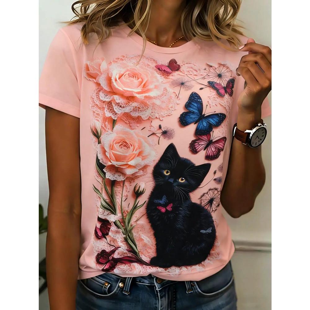 Women's Casual Round Neck T-Shirt with Hand-Drawn Puppy Doodle Print, Short Sleeve Summer Top