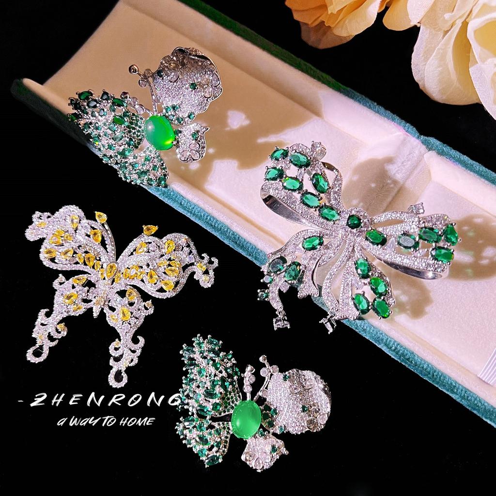 High-End Luxury Heavy Industry Full Diamond Brooch Two Wearing Necklace Emerald Butterfly Ring Court Style High Carbon Diamond Colored Treasure Girl