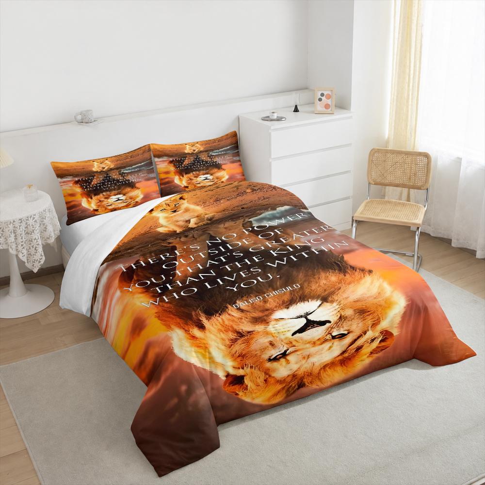 Lion Cub and Reflection Quote Bedding set (1 duvet cover, 2 pillowcases, duvet not included), Orange Safari Motivational Lion King Art Print