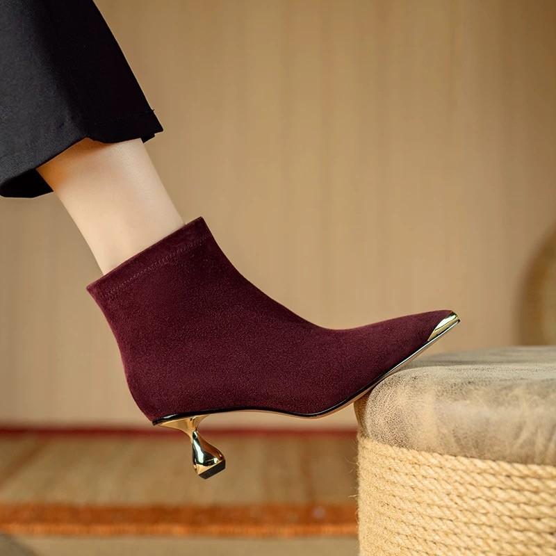 Fashion Women's Thin Heel Single Boots Winter New Metal Pointed Splicing Suede Side Zipper Anti-slip Wear-resistant Short Boots
