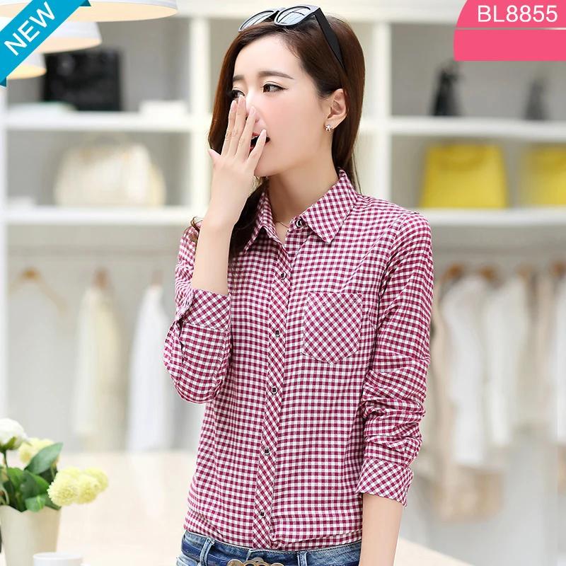 100% Cotton Women's Blouse Plaid Shirts Women's Long Sleeve Top S-5XL,Single Breaste Button Women's Shirt With Chest Pockets