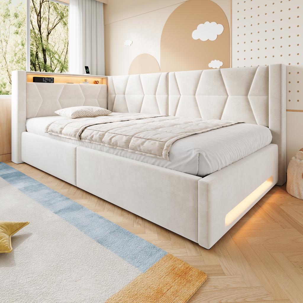 Letto imbottito 90x200 cm con contenitore, illuminazione a LED sulla testiera e sulla pediera, USB e Type-C, box letto idraulico, rete a doghe, letto singolo, beige