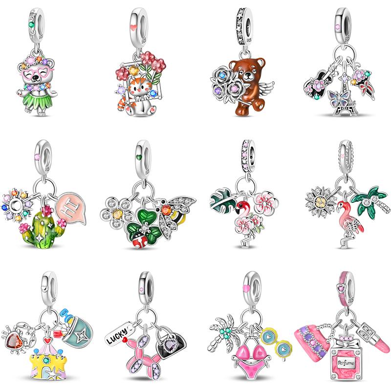 100% Copper Cute Little Bear Butterfly Flamingo Charms Beads Rose Princess Pendants Fit Diy Bracelets Jewelry Gifts