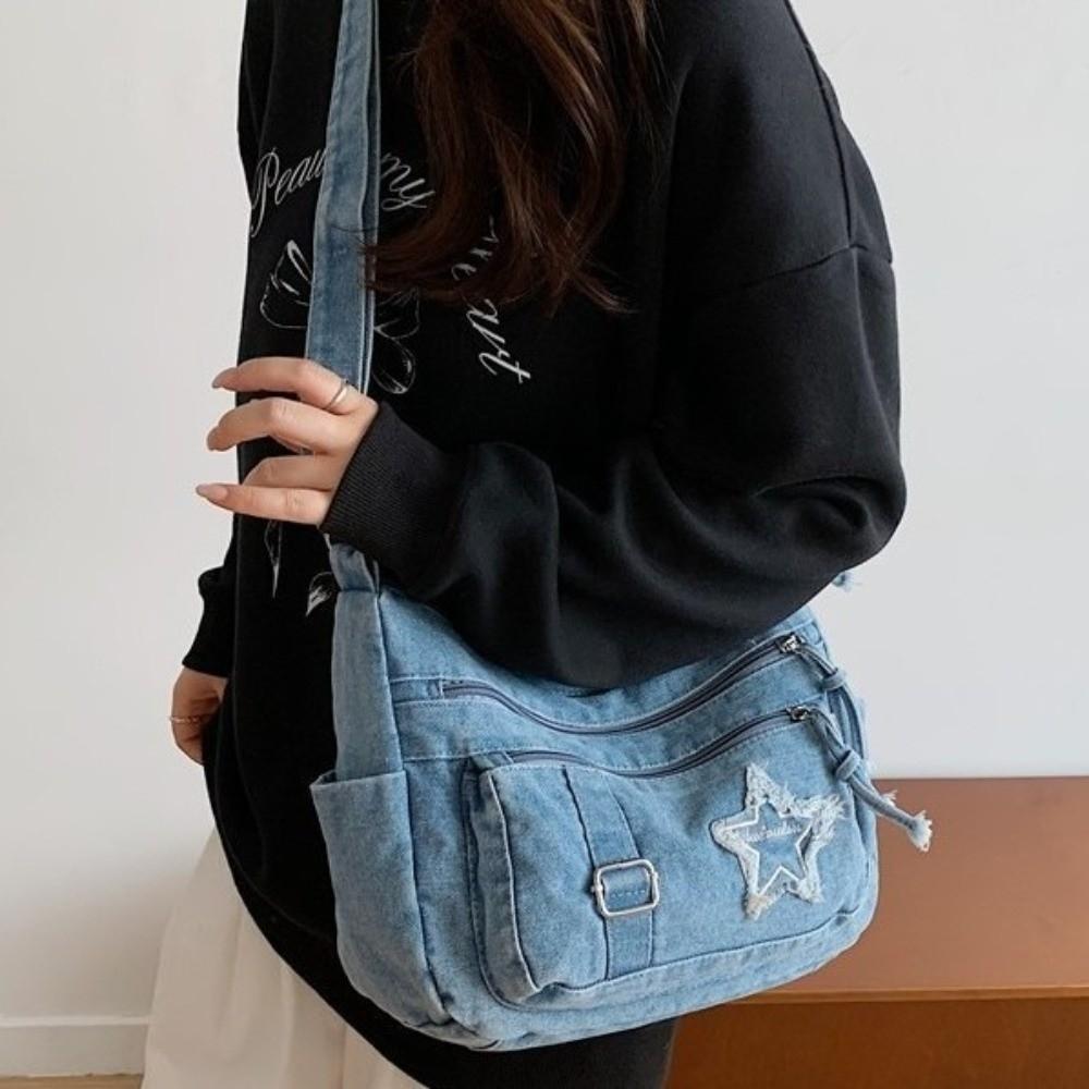 Vielseitige Strapazierfähige Jeans-Umhängetasche Große Kapazität Mehrere Taschen Umhängetasche Verstellbarer Gurt Reisetasche Tägliches Pendeln