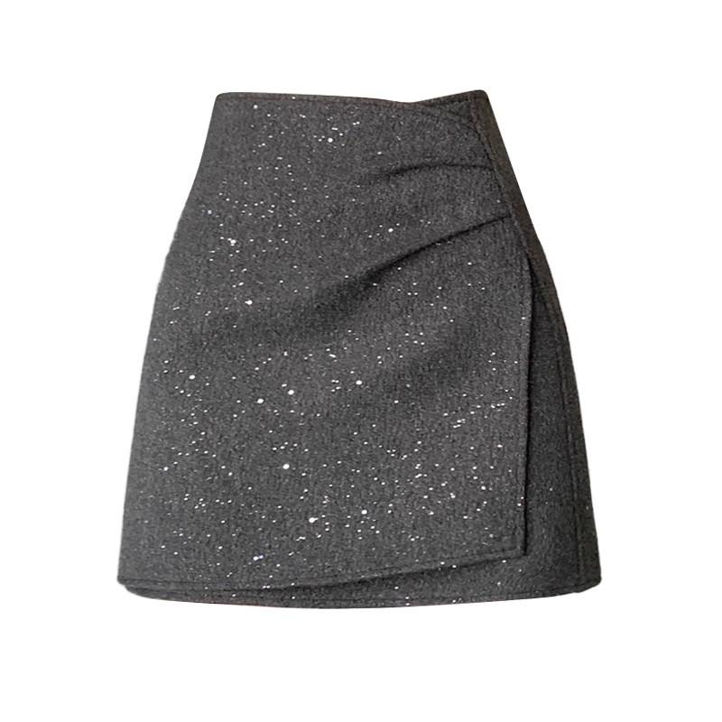 Women's Black Sequin Woolen A-Line Skirt: High-Waisted, Slimming, Anti-Exposure Design for Autumn/Winter