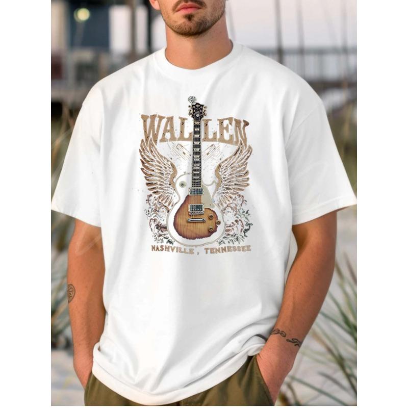 

European Size Men s White Pure - Polyester T - shirt: Wallen Nashville Guitar with Wings Motif 4XL білий