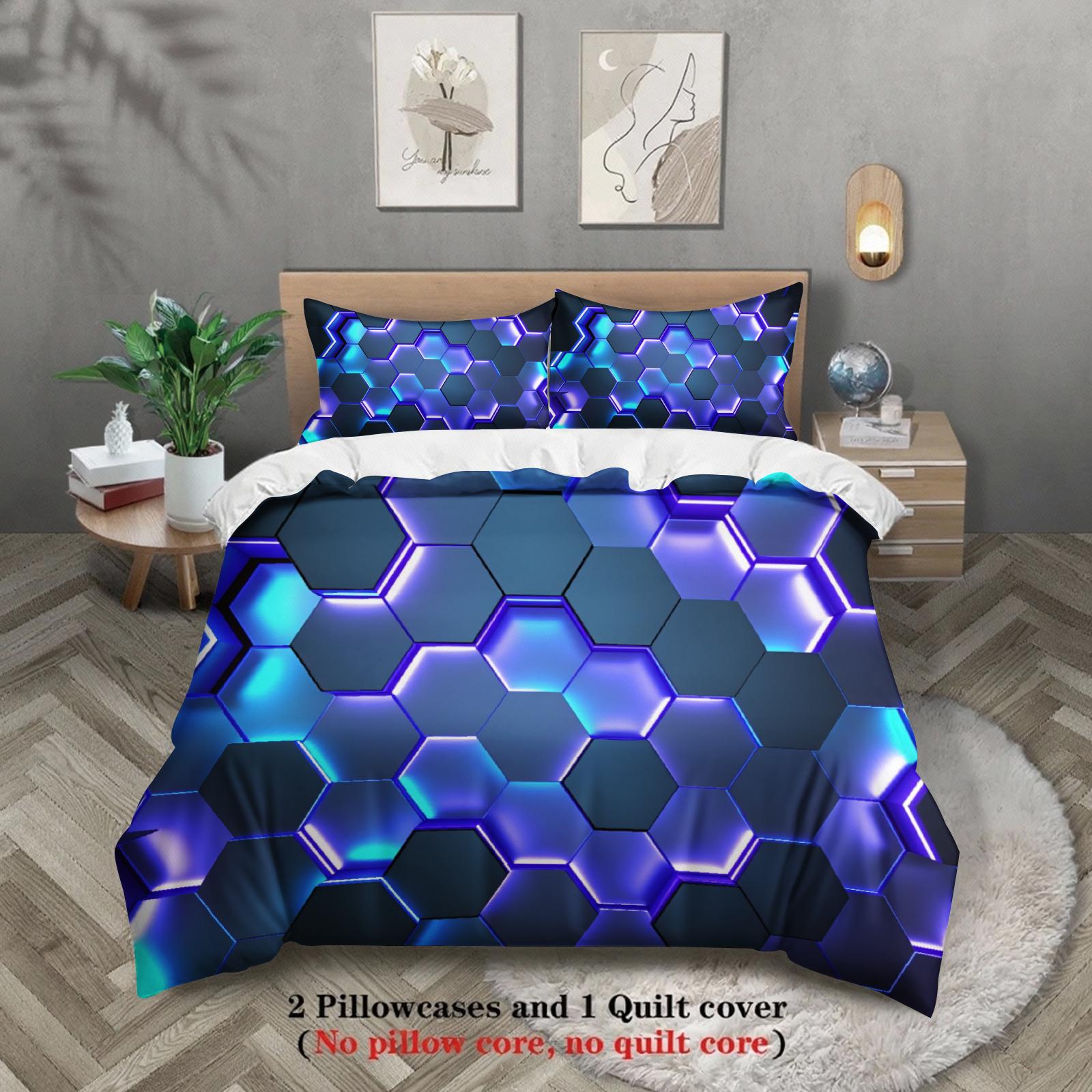 

3pcs Hexagon Pattern Bedding Sets 3D Printed Blue Purple Geometric Duvet Cover Sets With Pillowcases No Filling Cool Visual EU Double(200x200cm)