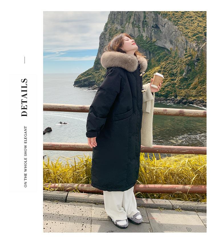 Autumn and Winter Women's Large Size Coat Hooded Fur Collar Horn Buckle Loose Casual Thickened Windproof Women's Jacket