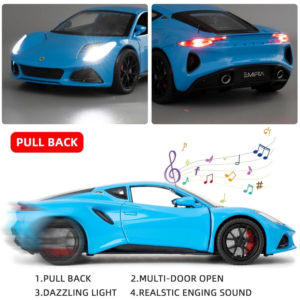 Lotus Emira Modellauto im Maßstab 1/24, Spielzeugauto mit Rückziehfunktion aus Zinklegierung mit Ton und Licht als Geschenk für Kinder, Jungen und Mädchen