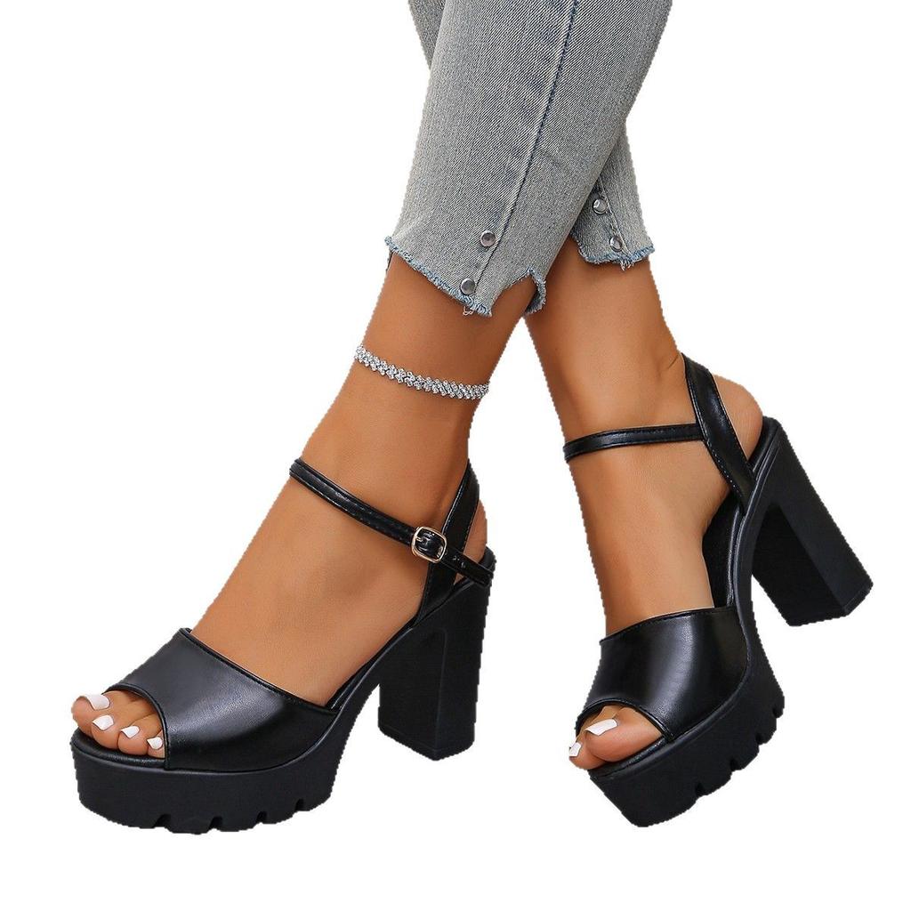 2025 Frühling und Sommer neue dicke Ferse High Heel Fischmaul Sandalen Damen Koreanische Version Mode Ein-Wort Schnalle mit Plateau Außenhandel Damen