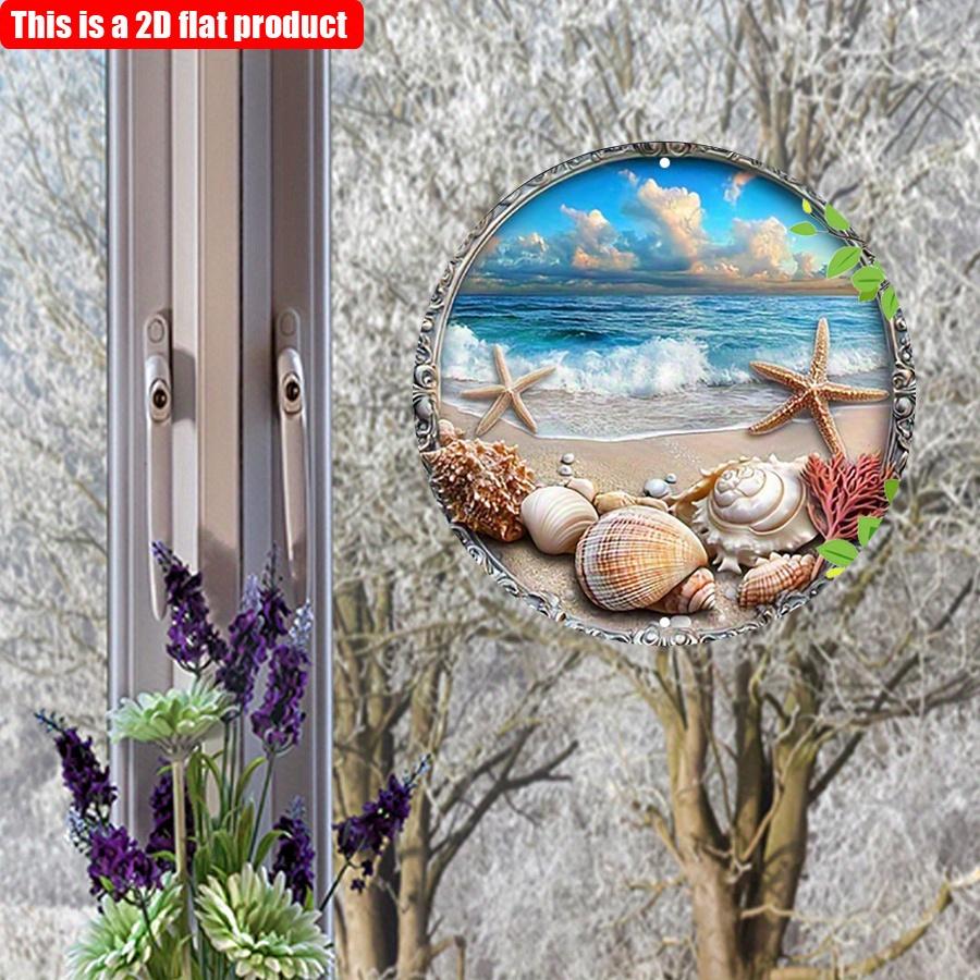 2D flach 20*20cm 1Stk. Küstenatmosphäre Strandmuschel&Seesternmuster runde Wandkunst Dekor, Wellen&Blauer Himmel Landschaft Holzanhänger, modern rustikal