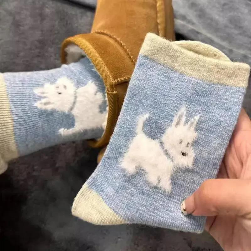 1/5pairs Women Plush Dog Warm Cotton Socks Kawaii Sweet Plush Thickened Thermal Warm Mid-tube Stockings Floor Sleep Sock