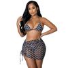 2022 Sexy 3 Piece Bikinis Suit Halter Moon Mesh Swimwear Women Beachwear Wave Point Swimsuit Female Beach Skirt Black Bikini Set