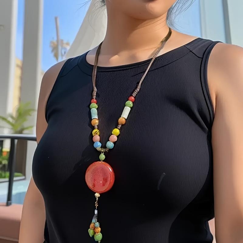 Ethnic Ceramic Beaded Necklace Boho Long Colorful Sweater Chain Vintage Tribal Handmade Statement Jewelry Women Fashion Gypsy Hippie Chic Accessories