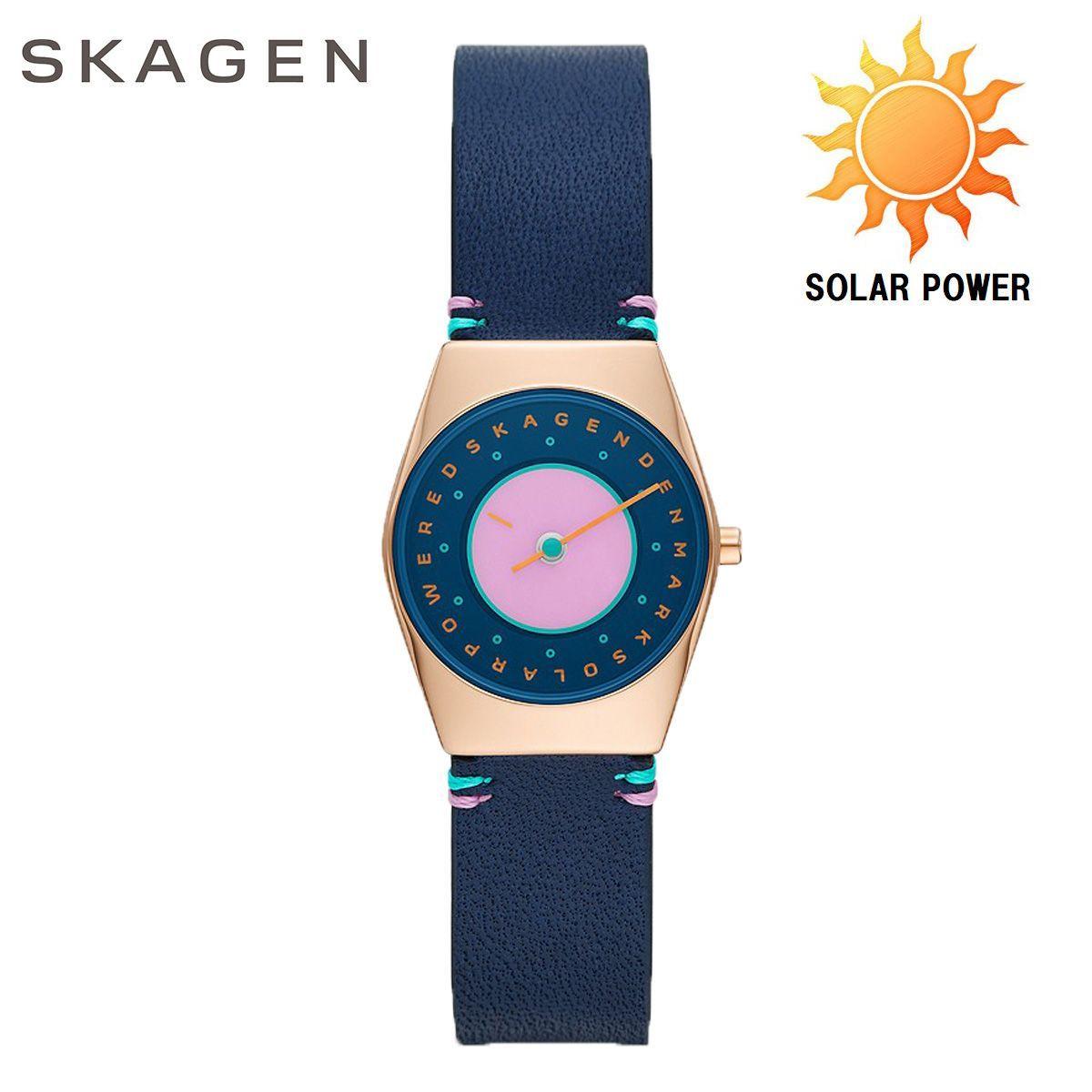 Used SKAGEN SKW3085 GRENEN LILLE SOLAR HALO Skagen Ladies Solar Ocean Blue Leather Watch Female Analog Simple Leather Belt Business Watch Navy