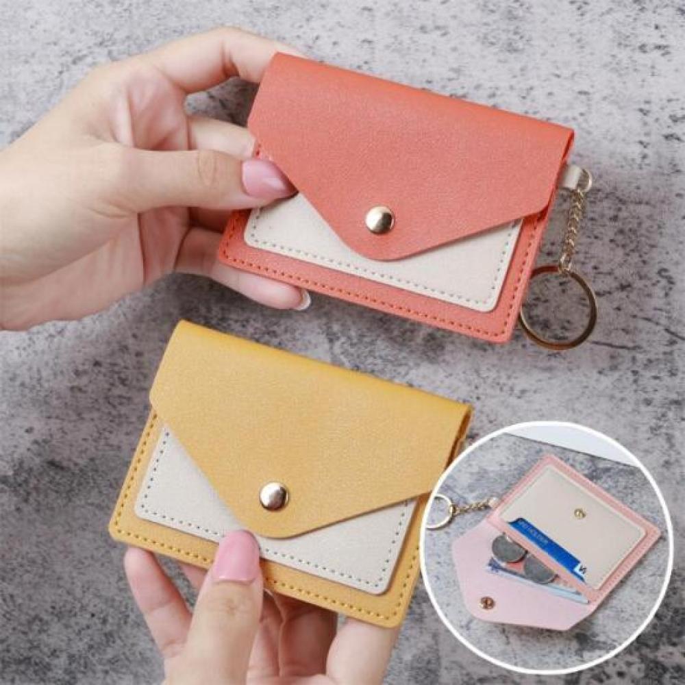 New Arrivals Open Run Keyring Snap Flap Color Block Faux Leather Card Holder