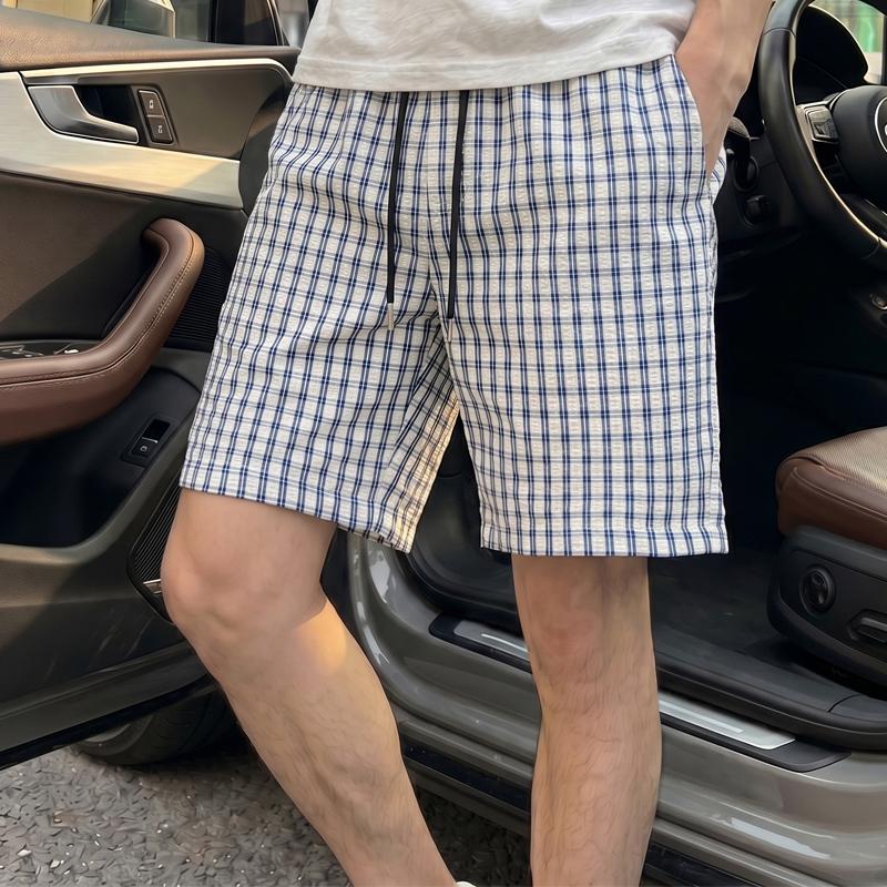 Men's Plaid Casual Shorts, Elastic Waist Drawstring Summer Lightweight Beach Shorts (M-5XL)