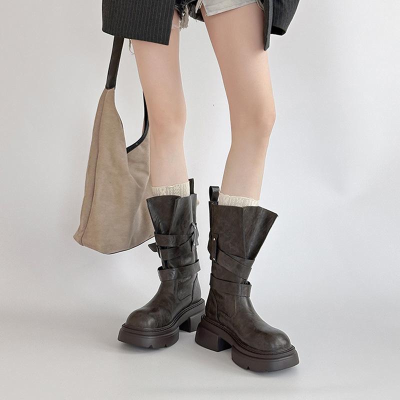 Retro versatile high-heeled leather boots texture thick-soled Martin boots women's autumn and winter British style small thick-heeled fashion boots