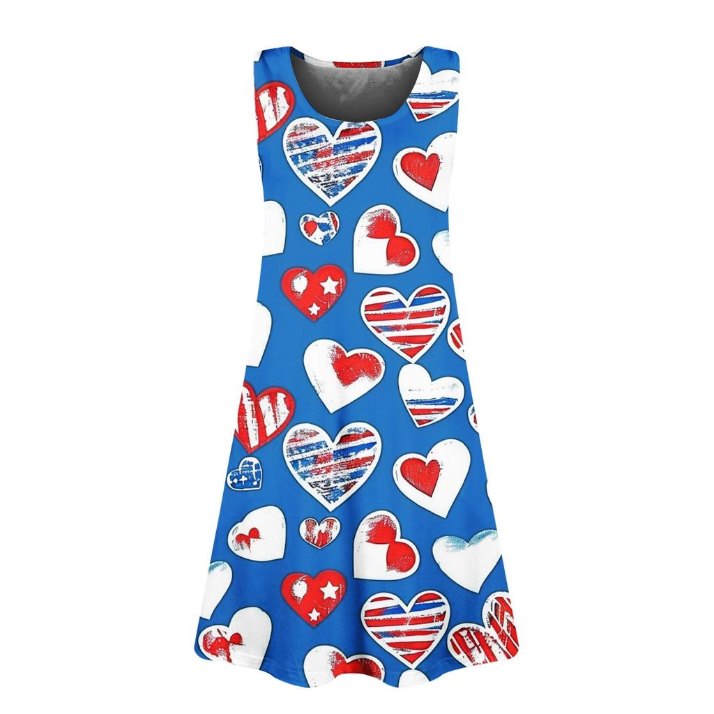 Women's Summer Casual Square Neck Independence Day Printed Dress Sleeveless Dress With Pockets