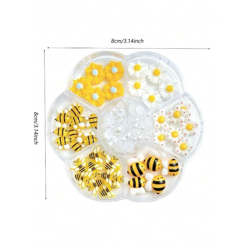 1 Scatola Charms per Unghie Cartoni Animati 3D Giallo Vasetto di Miele Piccola Ape Perla Bianca Simulazione Fiori Margheritina Bianca Per Accessori Nail Art Unghie Fai da Te