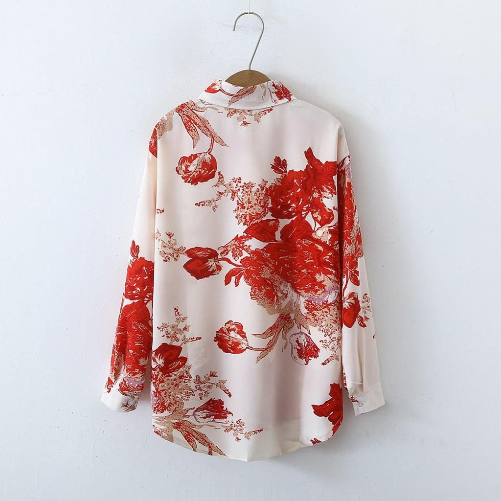 Autumn Retro Simple Printed Long-sleeved Satin Shirt Women