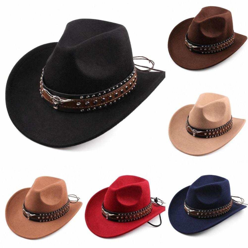 Wide Brim Western Cowboy Hat Ox Head Decorative Studded Leather Cap Tibetan Style Top Hat  Party