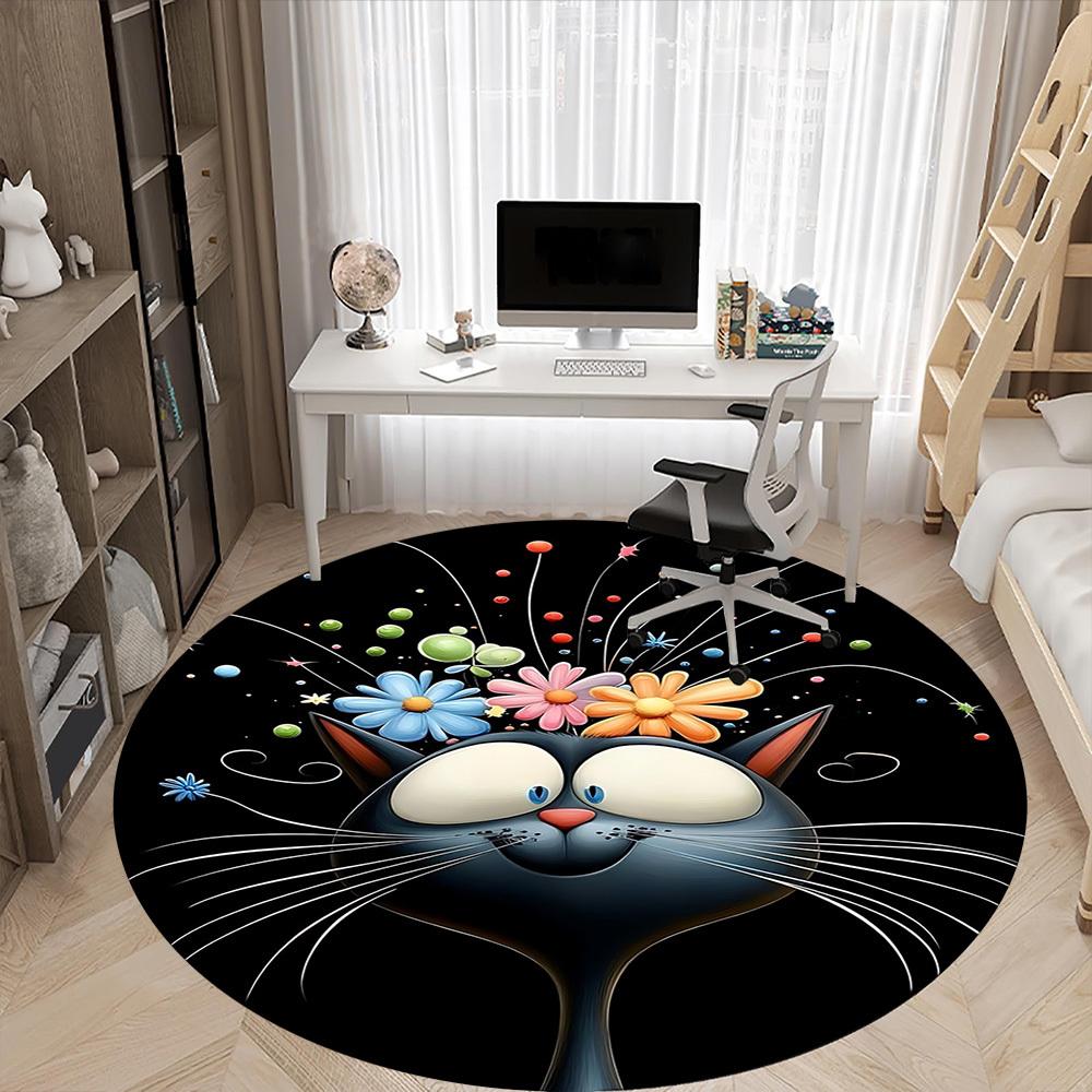 1pc Flower Cat Office Round Area Rug, Under Office Chairs Bedroom Living Room Home Decor, Room Deco, Available in Various Sizes