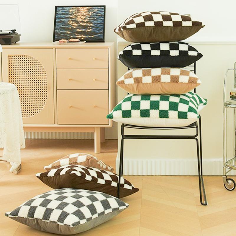 1 pièce 45*45cm 50*50cm Housse de Coussin Peluche à Carreaux Tissée Housse de Coussin Jeté pour Voiture Canapé Housse de Coussin en Velours Court Coussin
