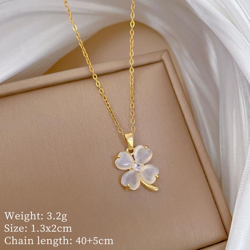 Cat'S Eye Lucky Grass Fashion Light Luxury Temperament Gorgeous Full Diamond Necklace Female Versatile Collarbone Chain Titanium Steel