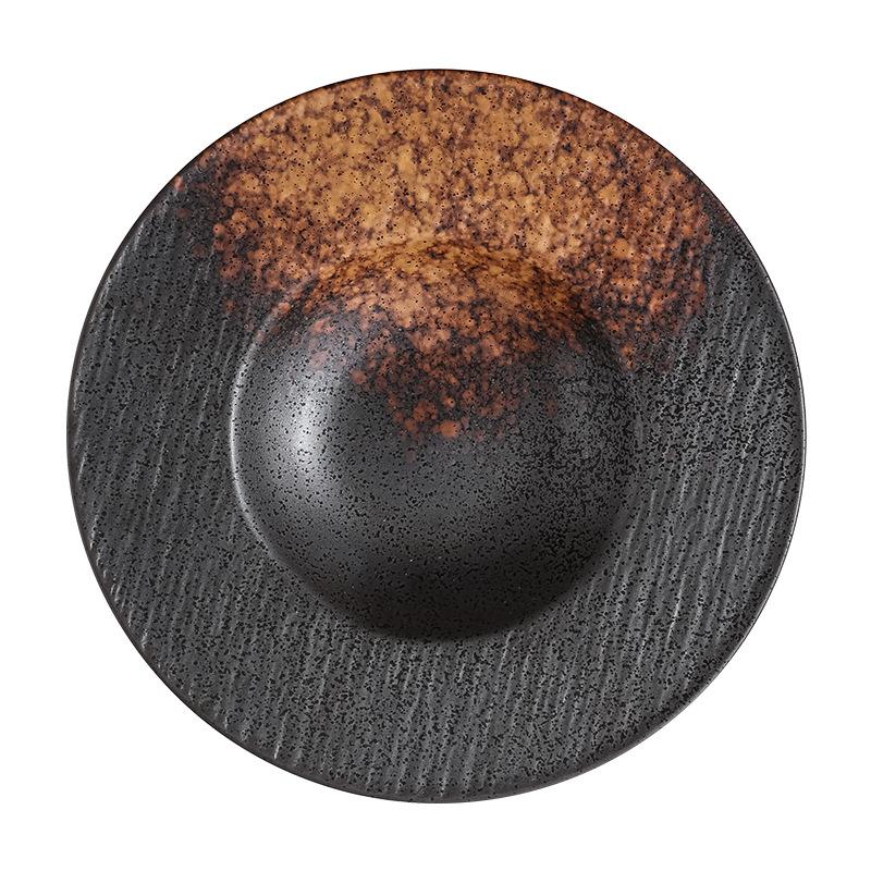 Japanese Western Pasta Deep Plate Seat Ufo Salad Plate Household Black Ceramic Straw Hat Bowl
