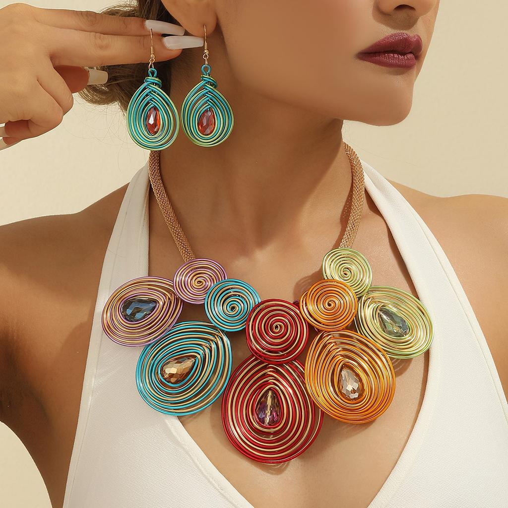 Fashion Luxury Crystal Bead Aluminum Wire Hand Woven Statement Necklace Earrings Jewelry Set For Women Party Dress Accessories
