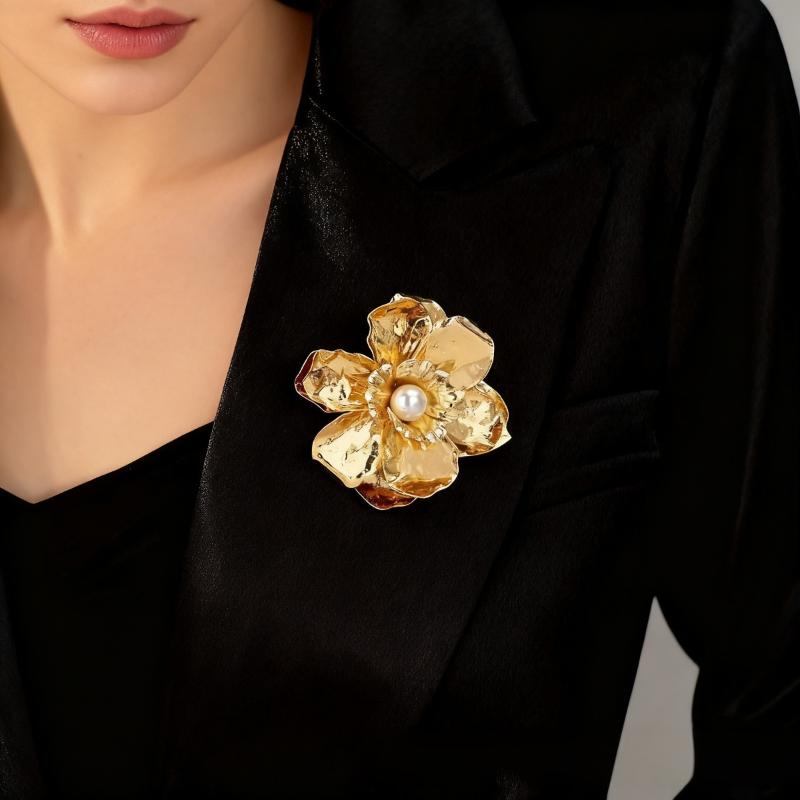 1 Stück Damen Großes Statement Elegantes Kragenzubehör Luxuriös Retro 3D Geschichtete Goldene Blume Brosche Für Party Hochzeit Täglich