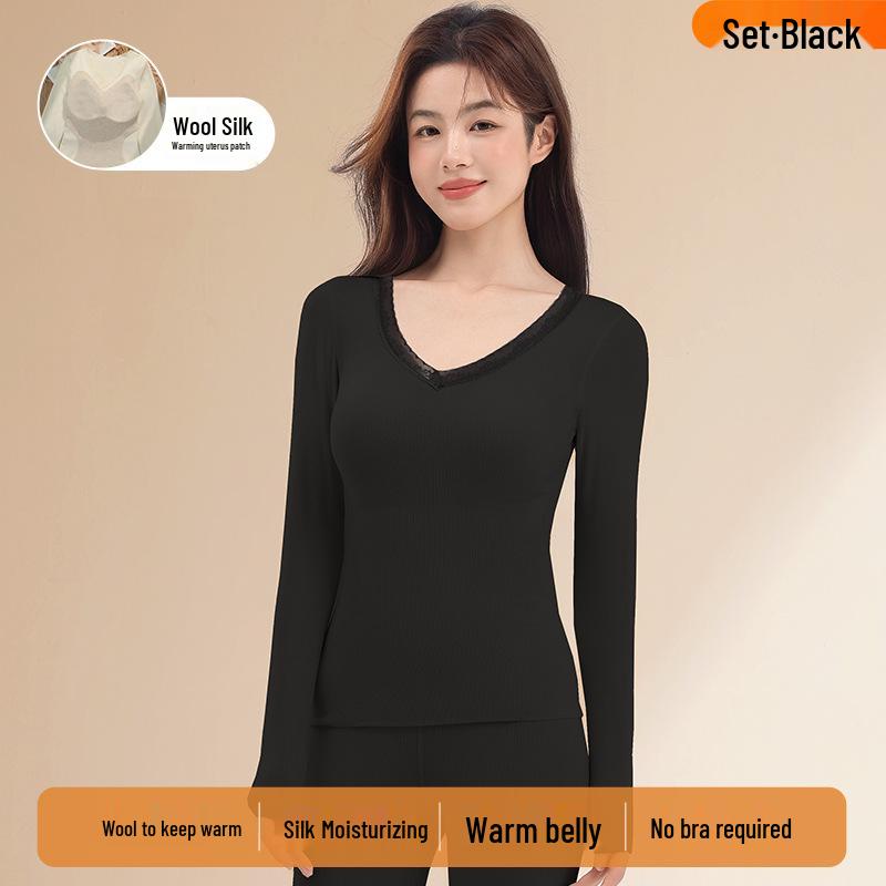 Women's Thermal Underwear Set with Padded Top, Fleece-Lined for Fall/Winter, Wool-Silk Blend