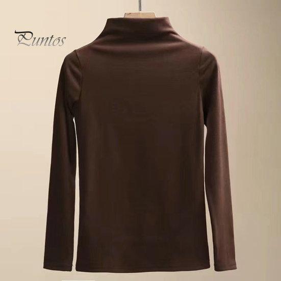 Bottoming Blouse Half High Collar Long Sleeves Slim Fit Autumn Winter Thickened Fleece Lined Pure Color Thermal Top Daily Clothing Shirt