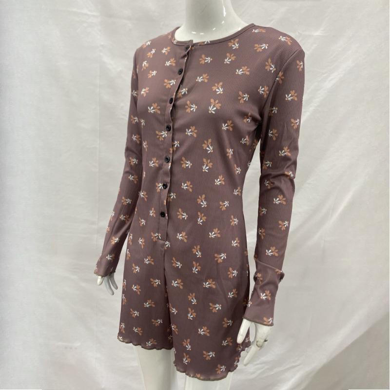 Y2K early autumn floral pattern round neck threaded anti stripe long sleeved jumpsuit