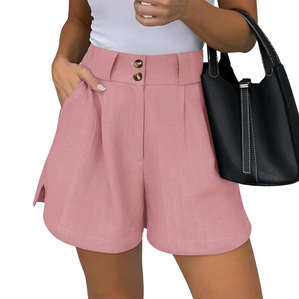 Women Pink High Waist Double Button Pleated Wide Leg Shorts S