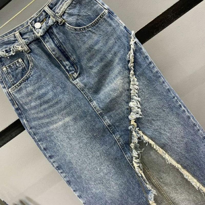 Trendy Spicy Girl Slit Denim Midi Skirt - Women’s High Waist Irregular A-Line Frayed Design