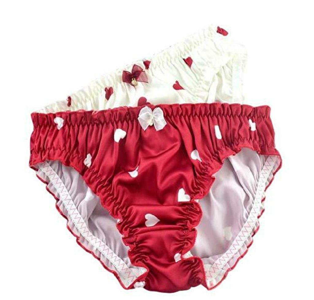 Satin Chiffon Ruffle Strawberry Print Regular String Set of 2 [Jeanne Queen] Women's Pants, Shorts, Panties, Shorts, (Heart A, L)