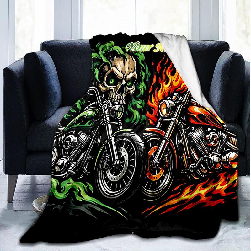 1PC Custom Name Skull Flames Motorcycle Art outdooor Flannel blankets Throw Blanket All-Season Throw Gift Bedspread for Couch, Bed, Camping Holiday Bi