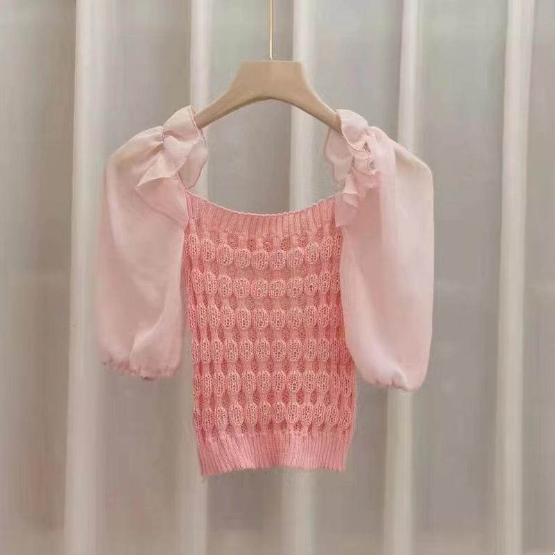 

Модная трикотажная рубашка с квадратным вырезом и коротким рукавом, женская летняя дизайнерская рубашка Sense Niche Short Section Chic Tops Casual Essential Slim Fit Pullovers Tees One Size розовый