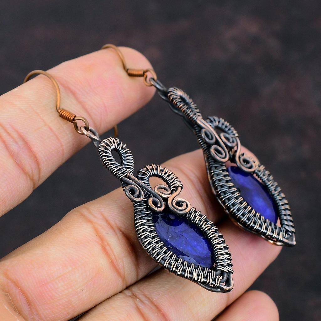 Boucle d'oreille Saphir Bleu Facetté Fil de Cuivre Enroulé Fait Main Boucle d'oreille Fil Enroulé Bijou Pierre Précieuse Bijou en Cuivre Boucles d'oreilles Pendantes Cadeau pour Mère