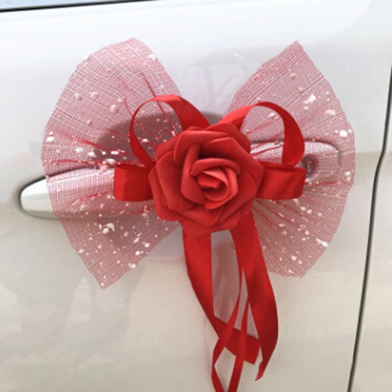 Wedding Car Door Handle Flowers DIY Artificial Cars Rearview Mirror Bouquet Flower Bowknot Ribbon Decors Automotive Accessories