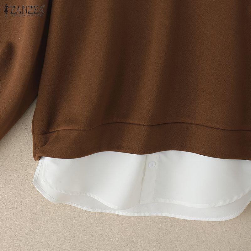 ZANZEA Dame Casual Nedslått Krage Langermet Patchwork Pullover Sweatshirts