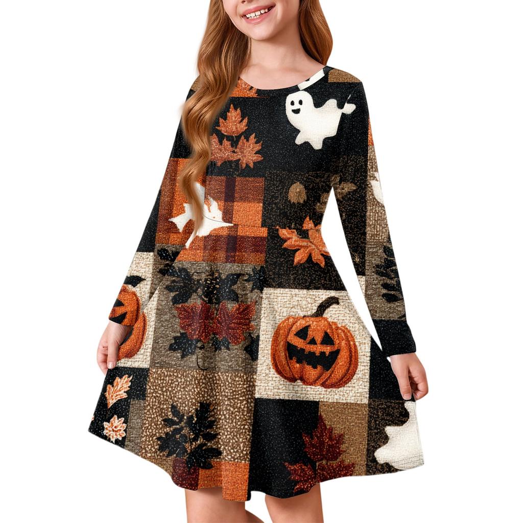 Girls' Summer Princess Dress Halloween Day- Long Sleeve A-Line T-Shirt Dress