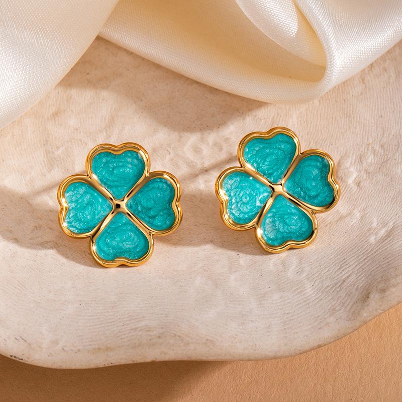 Four-Leaf Clover Stainless Steel Stud Earrings for Women - Colored Titanium Simple Ear Jewelry