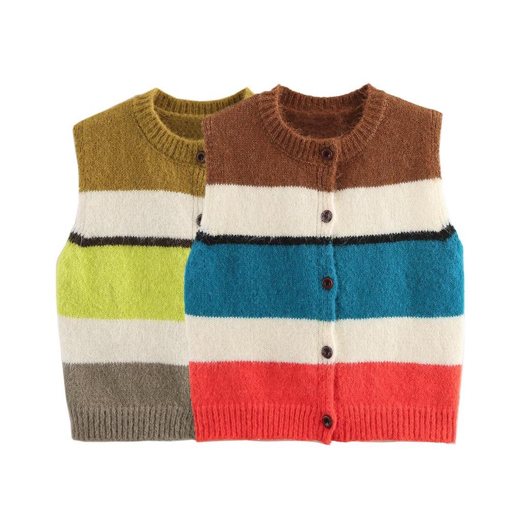 Spring 2025 Women's European & American Striped Cardigan Knit Sleeveless Vest