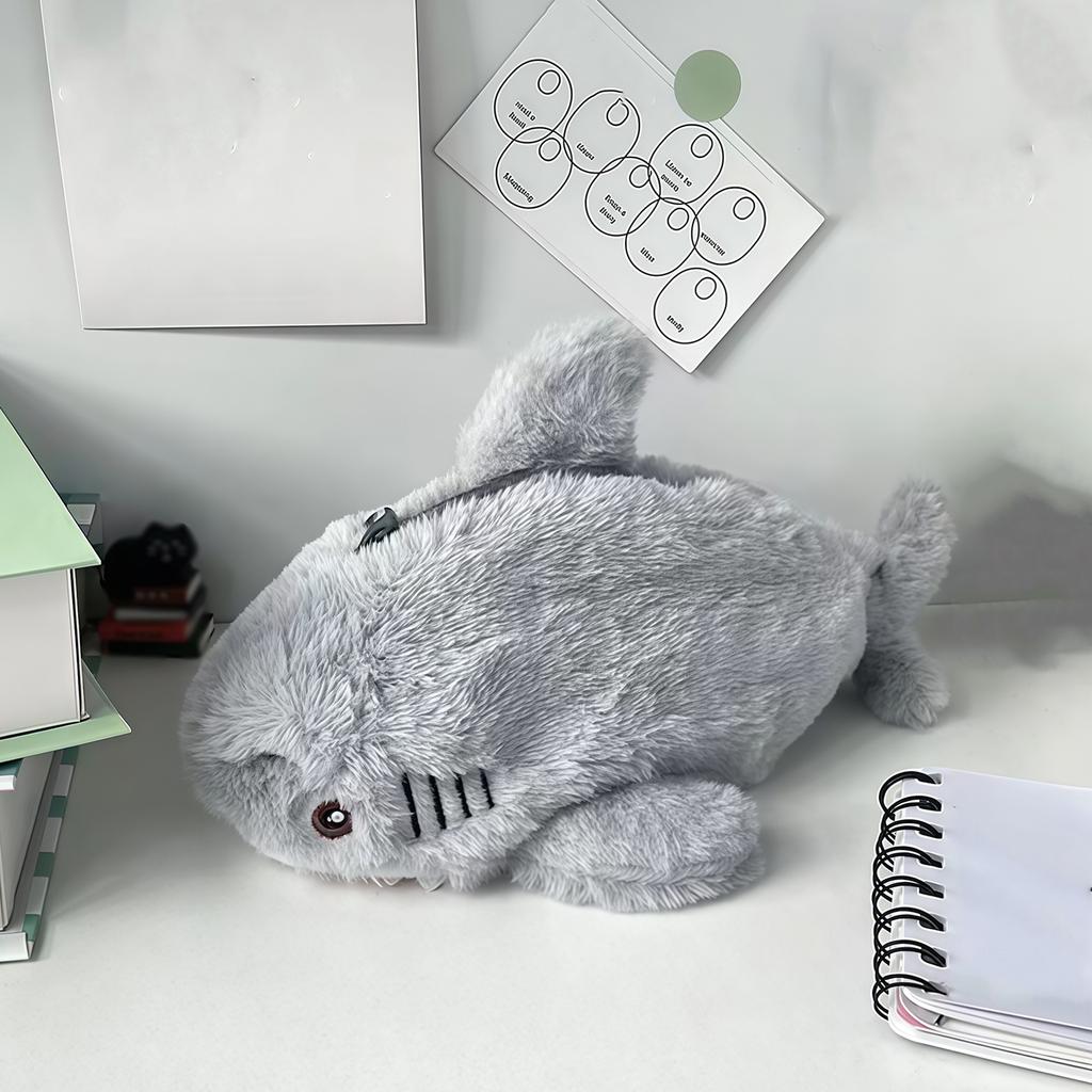 Plush shark-shaped pencil case, soft, cute, and creative stationery storage bag for students.