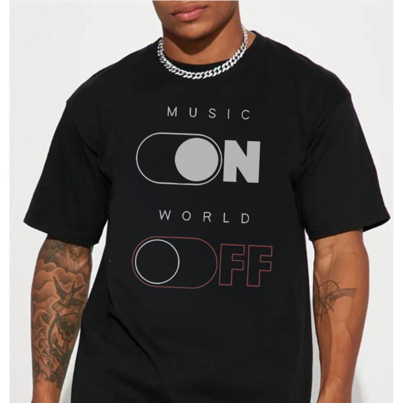 Rozmiary europejskie Męska koszulka - Nadruk nuty muzycznej i fali dźwiękowej, Oddychająca, Luźny krój, Codzienna odzież uliczna, Biała z czarnym wzorem przełącznika muzycznego dla DJ-ów